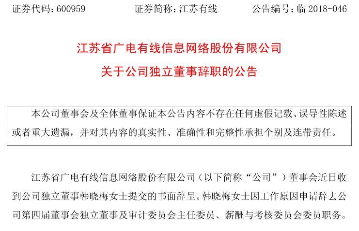 江蘇省廣電有線信息網(wǎng)絡(luò)股份有限公司關(guān)于公司獨(dú)立董事辭職的公告