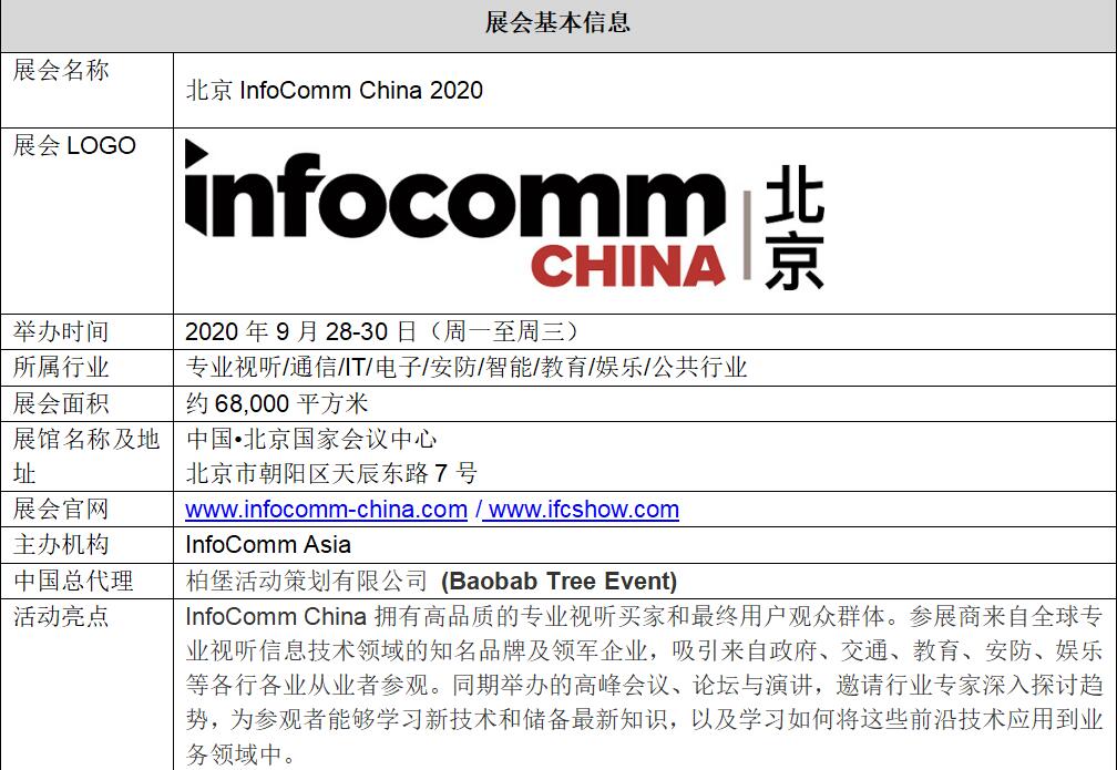 視聽、通信、IT等領(lǐng)域的專業(yè)盛會！“北京InfoComm China 2020”9月啟程