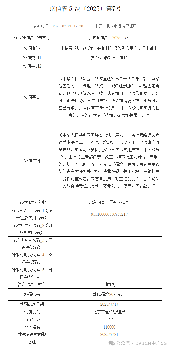 中廣電移動(dòng)北京分公司等6家企業(yè)因反詐及實(shí)名制責(zé)任落實(shí)不力被罰-DVBCN